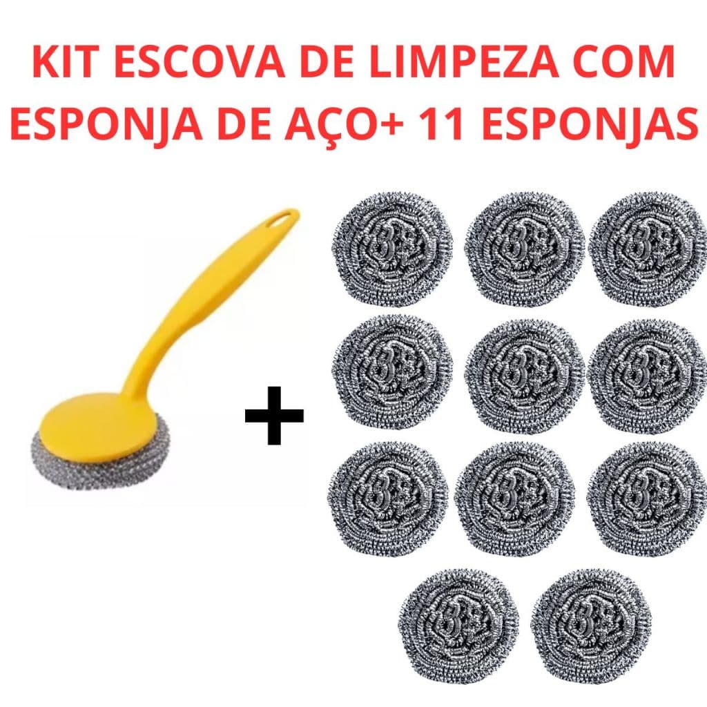 KIT Escova Limpeza Esponja Aço C/Cabo + 11 esponjas de aço