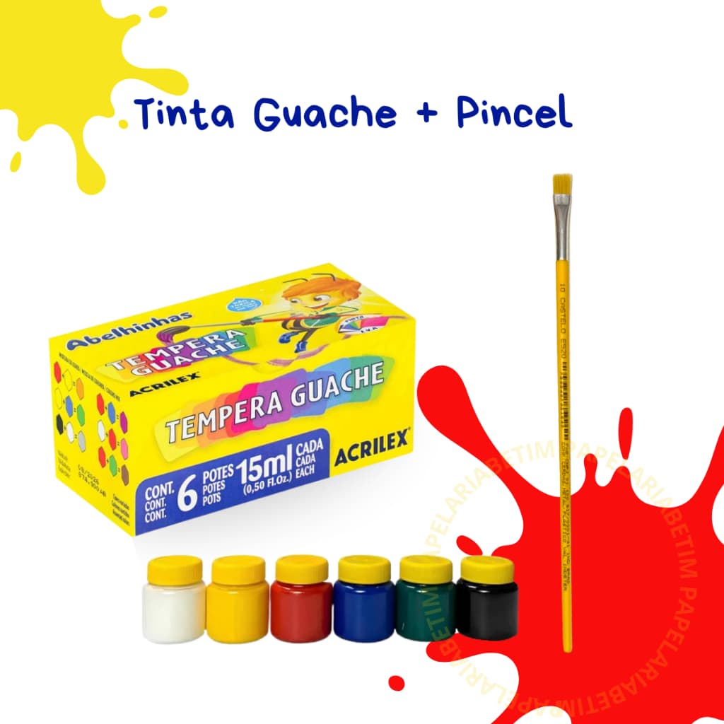Kit Tinta Guache 6 cores 15ml Acrilex + Pincel