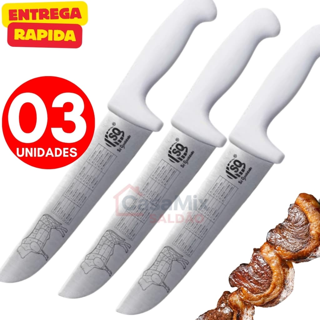 Conjunto 03 02 ou 01 Faca Churrascaria Açougueiro 8 Polegadas Aço Inox Alta Qualidade Resistente Afiada