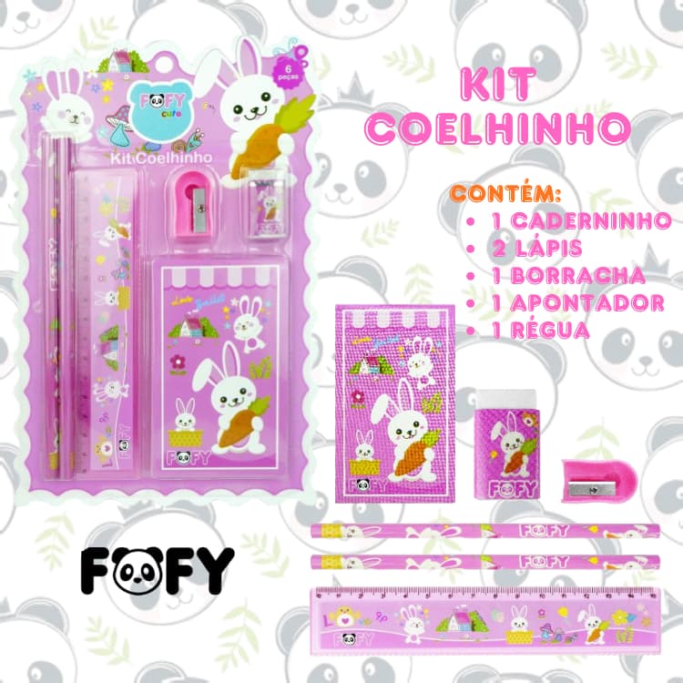 Kit Escolar Meu Coelhinho Caderno Anotações Lápis Apontador Borracha Régua 6 Peças | Fofy Cute