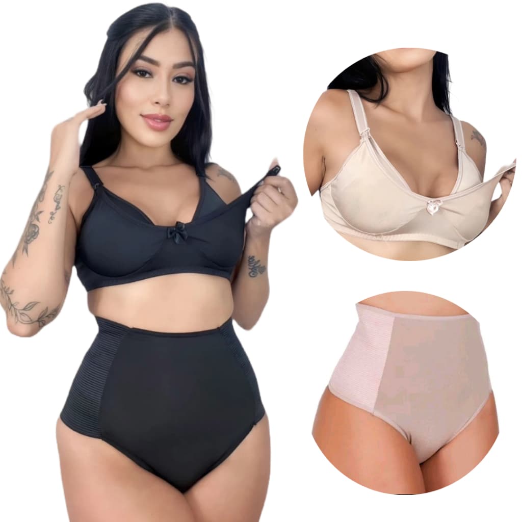 Sutiã Amamentar + Calcinha Cós Alto Confortável  Reforçado pós parto modeladora click fácil sem bojo