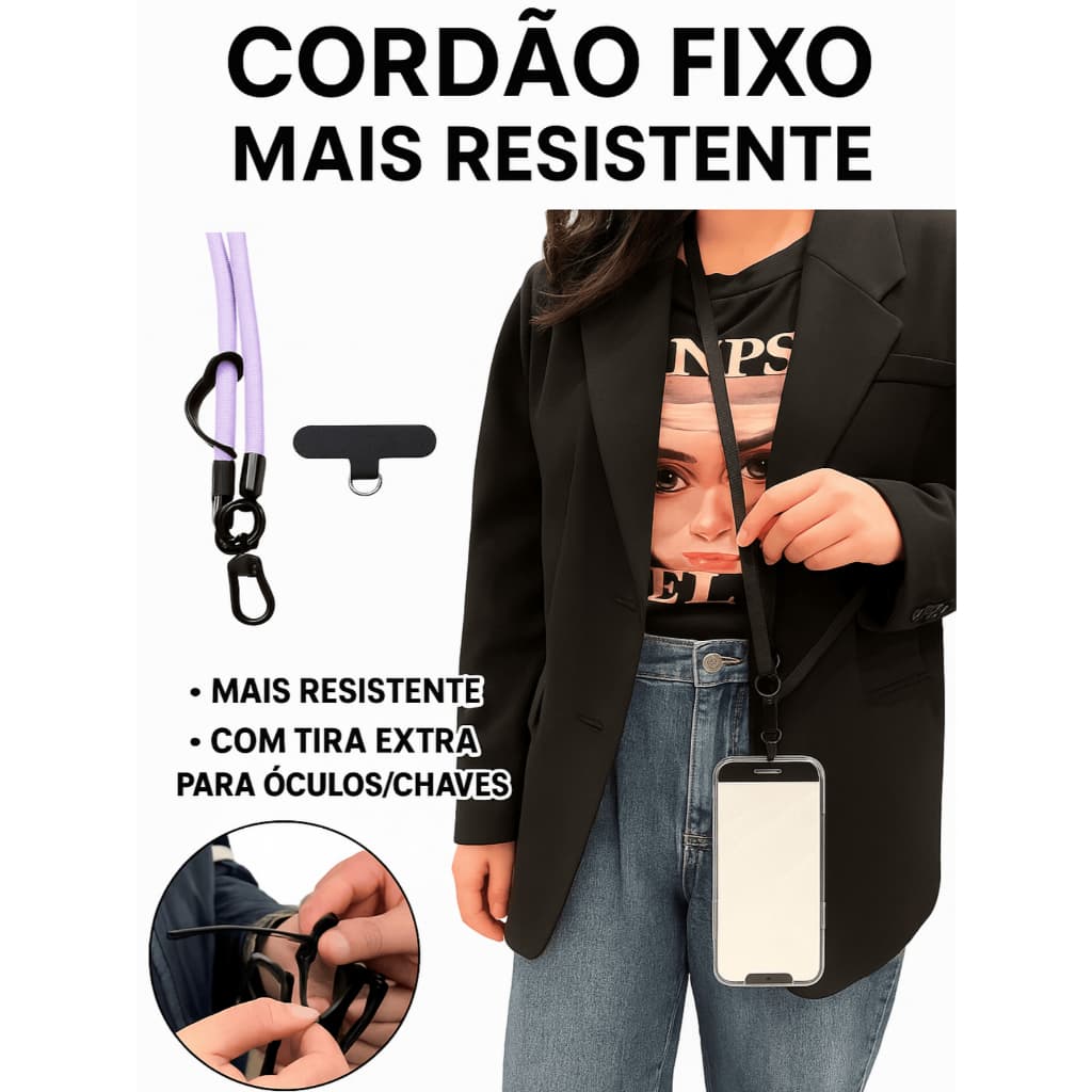 Cordão de Pescoço para Celular com Patch Interno – Fita Grossa Resistente, Uso Diário, Suporte Óculos/Chaves