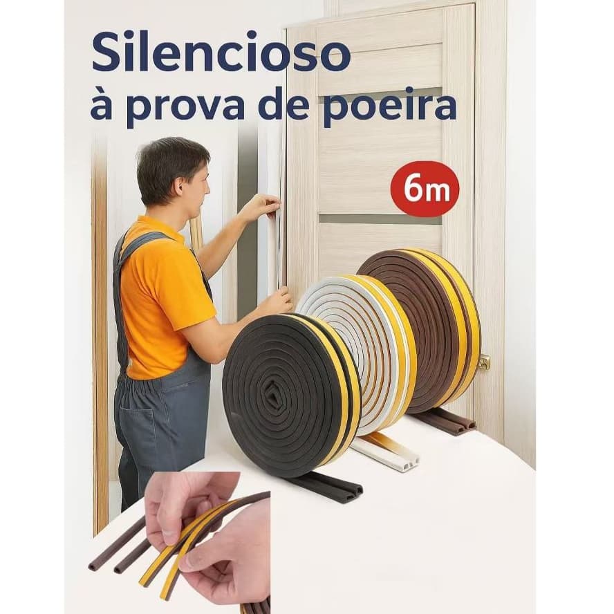 Fita Veda Frestas Autoadesiva – 6 Metros para Portas e Janelas – Isolante Térmico e Antirruído