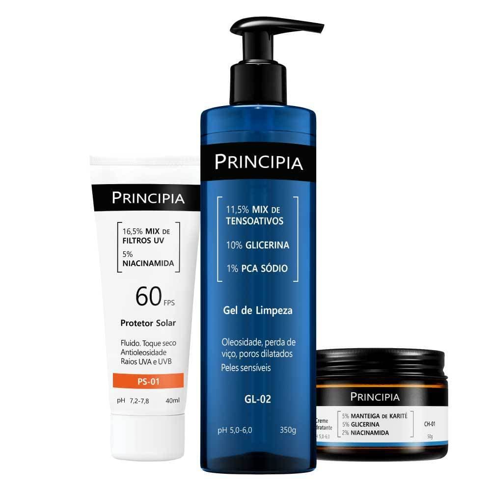 Principia Kit Completo Peles Sensíveis c/ Gel de Limpeza GL-02 + Creme Hidratante CH-01 + Protetor Solar PS-01 FPS 60