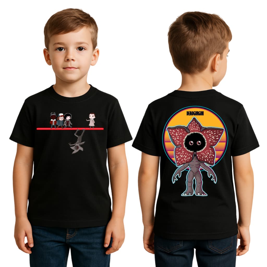 Camiseta Infantil Stranger Things Demogorgon – Camisa Estampa Personagens Frente e Verso Unissex