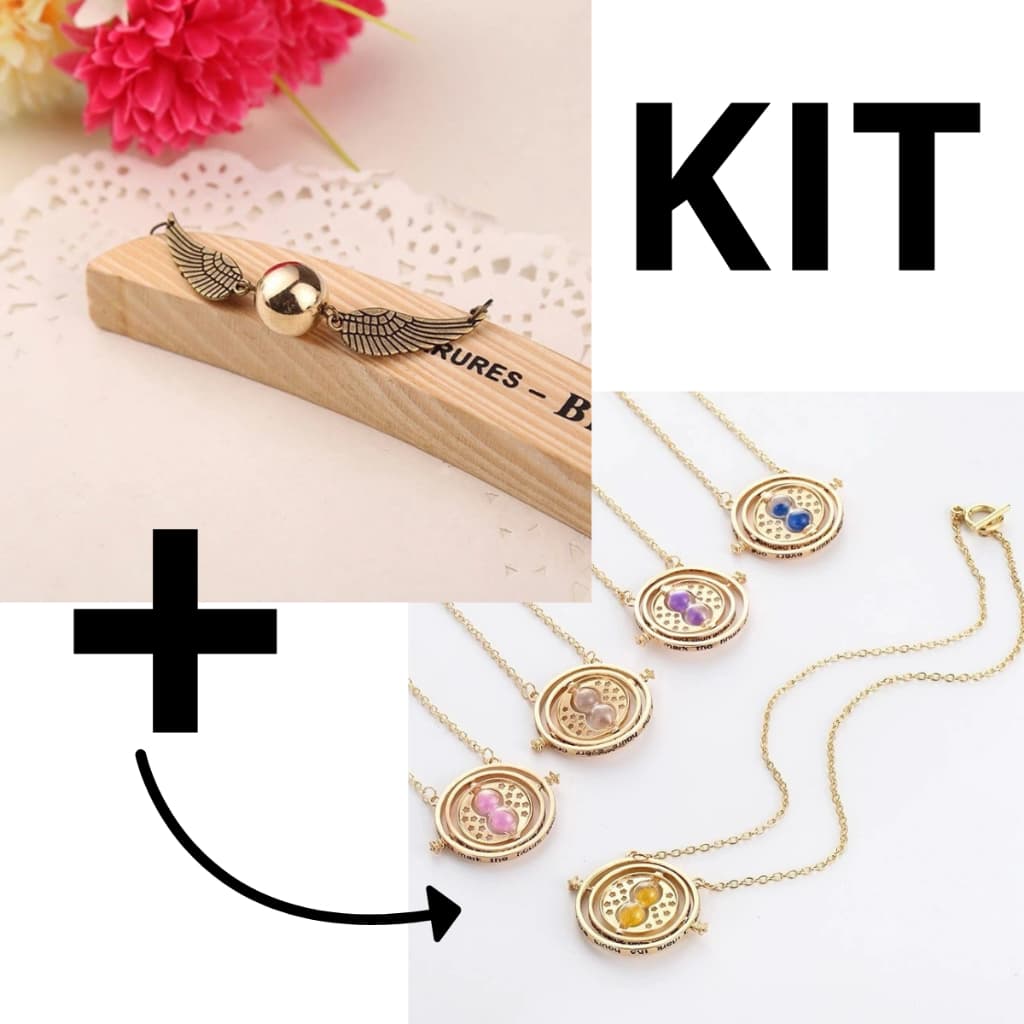 Kit Harry Potter Colar Vira Tempo Hermione + Pulseira Pomo de Ouro Presente Geek Feminino Masculino