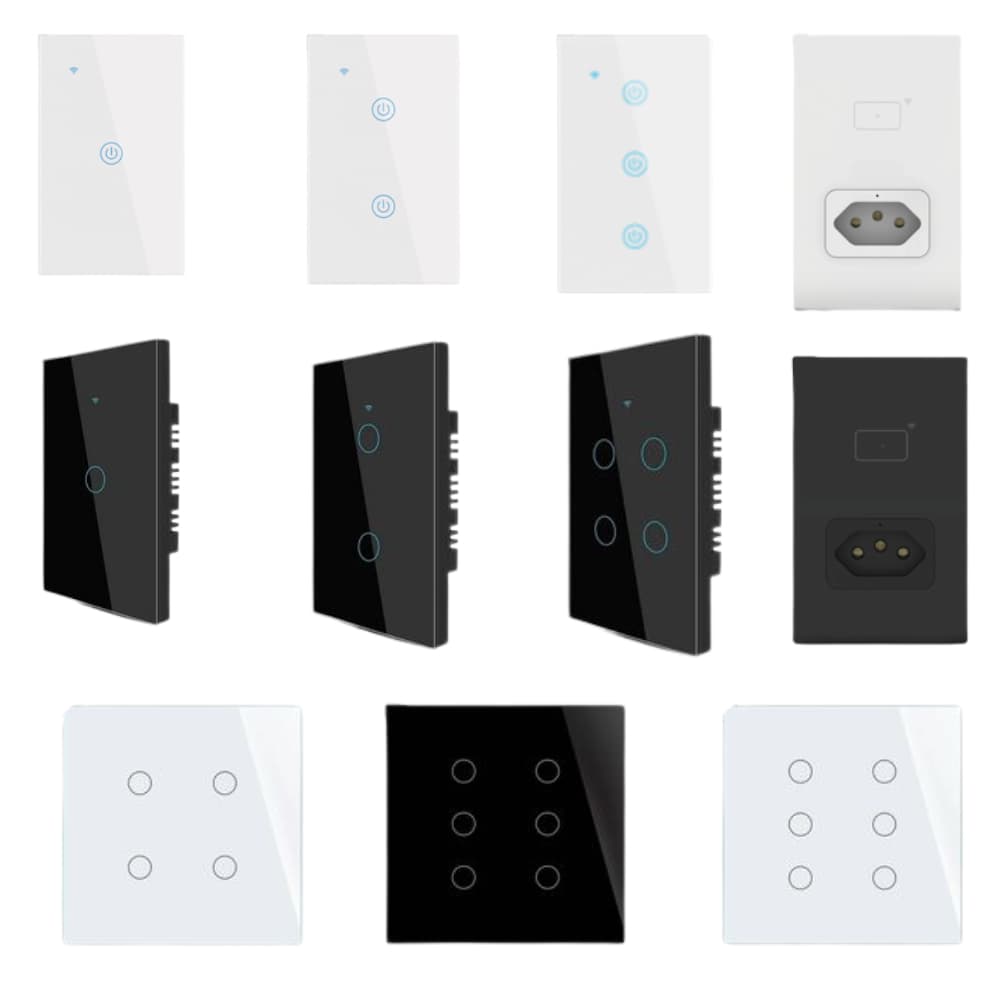 Interruptor Inteligente Wi-Fi Touch Aitek Tuya Alexa – Branco/Preto 1/2/3/4/6 Botões | Com Tomada