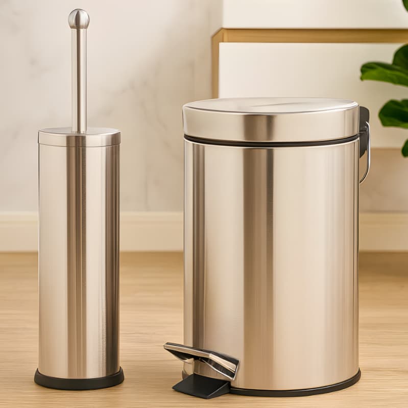 Kit Lixeira Inox Pedal Cesto De Lixo + Escova Sanitária Inox