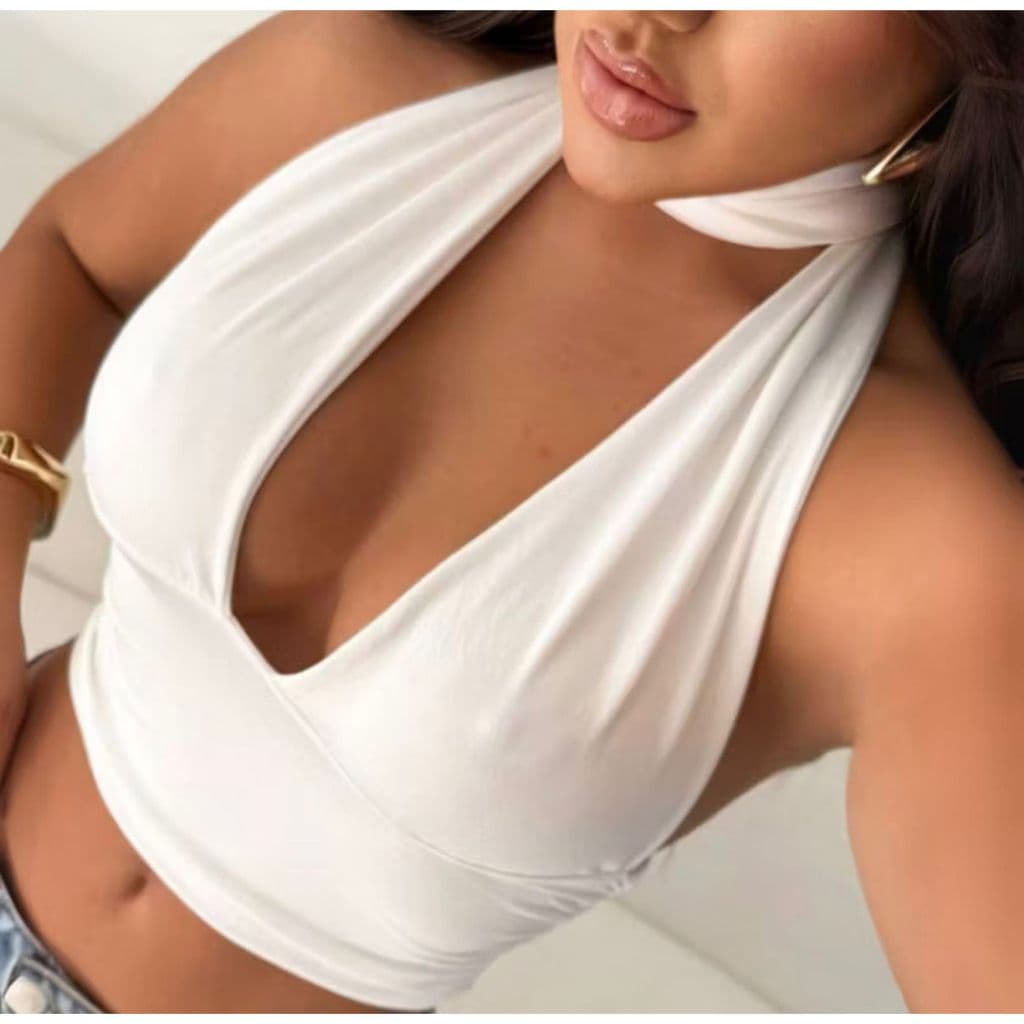 Blusa Top Cropped Com Amarraçao Multiformas Decote Forrado Festa Moda Gringa Decotado Suplex Premium P042