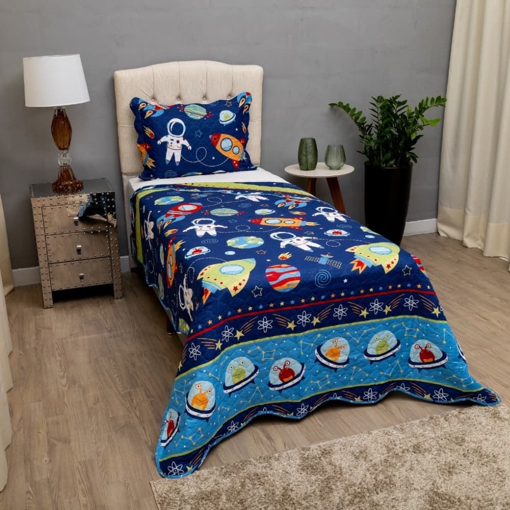Colcha Cobre Leito Infantil Menino Menina Solteiro 2 Peças Tema Espaço Antialérgico Matelado Bouthis