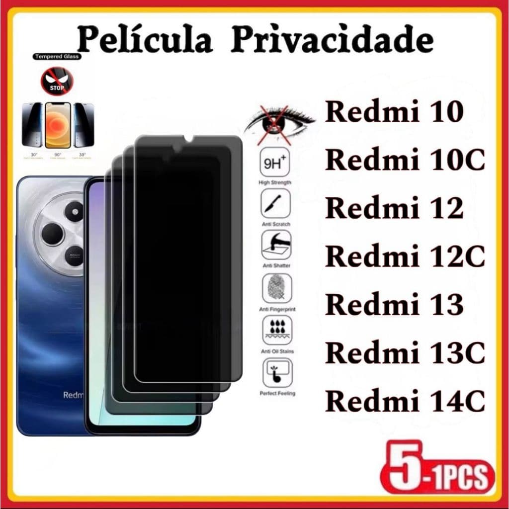 Película Privacidade 3D Vidro Temperado Anti Spy Xiaomi Redmi 14C Redmi 13C 13 12C 12 10C 10Prime