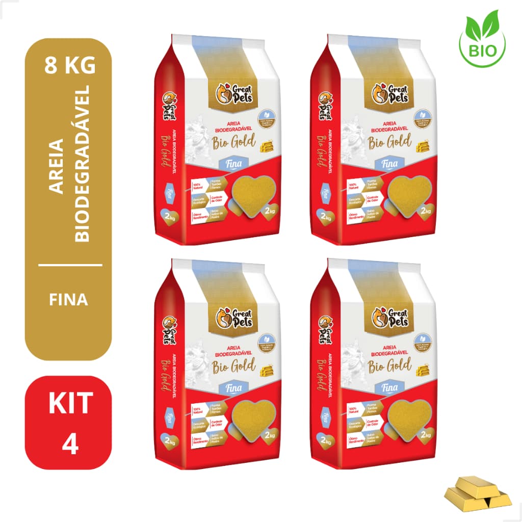 Areia Higiênica Biodegradável Para Gatos Bio Gold de Milho Fina Grossa 8 kg kit com 4 - Great Pets