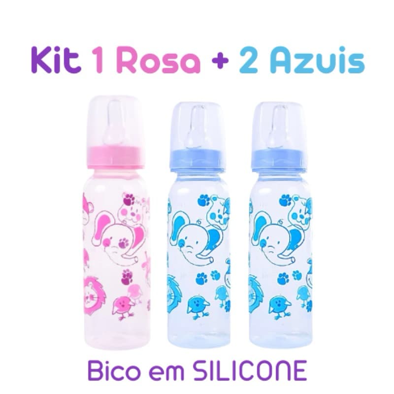 Kit 3 Mamadeiras Barato Menino e Menina Petita Anplas 240ml bico em SILICONE livre de BPA  Cha de bebe