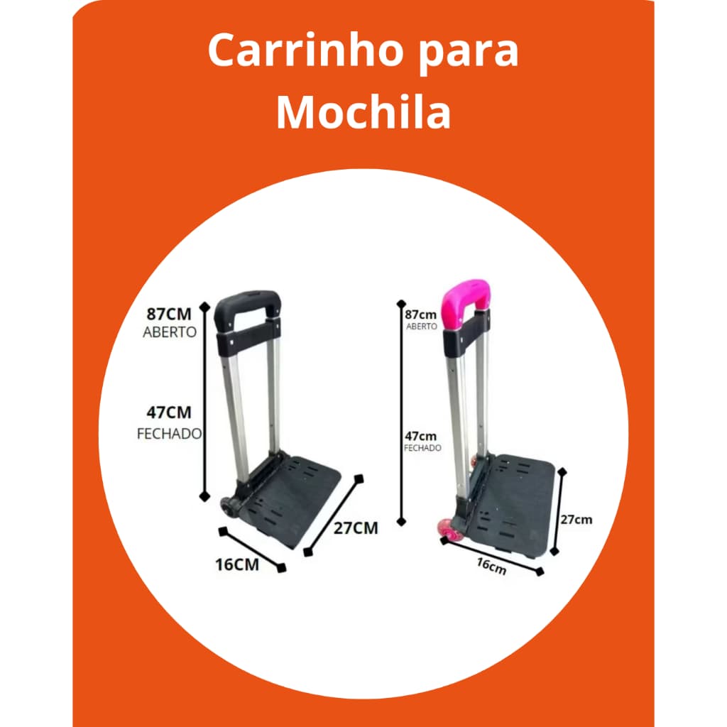 Carrinho Para Mochila Escolar Ajustável Com Rodinhas Cabo Preto Ou Rosa