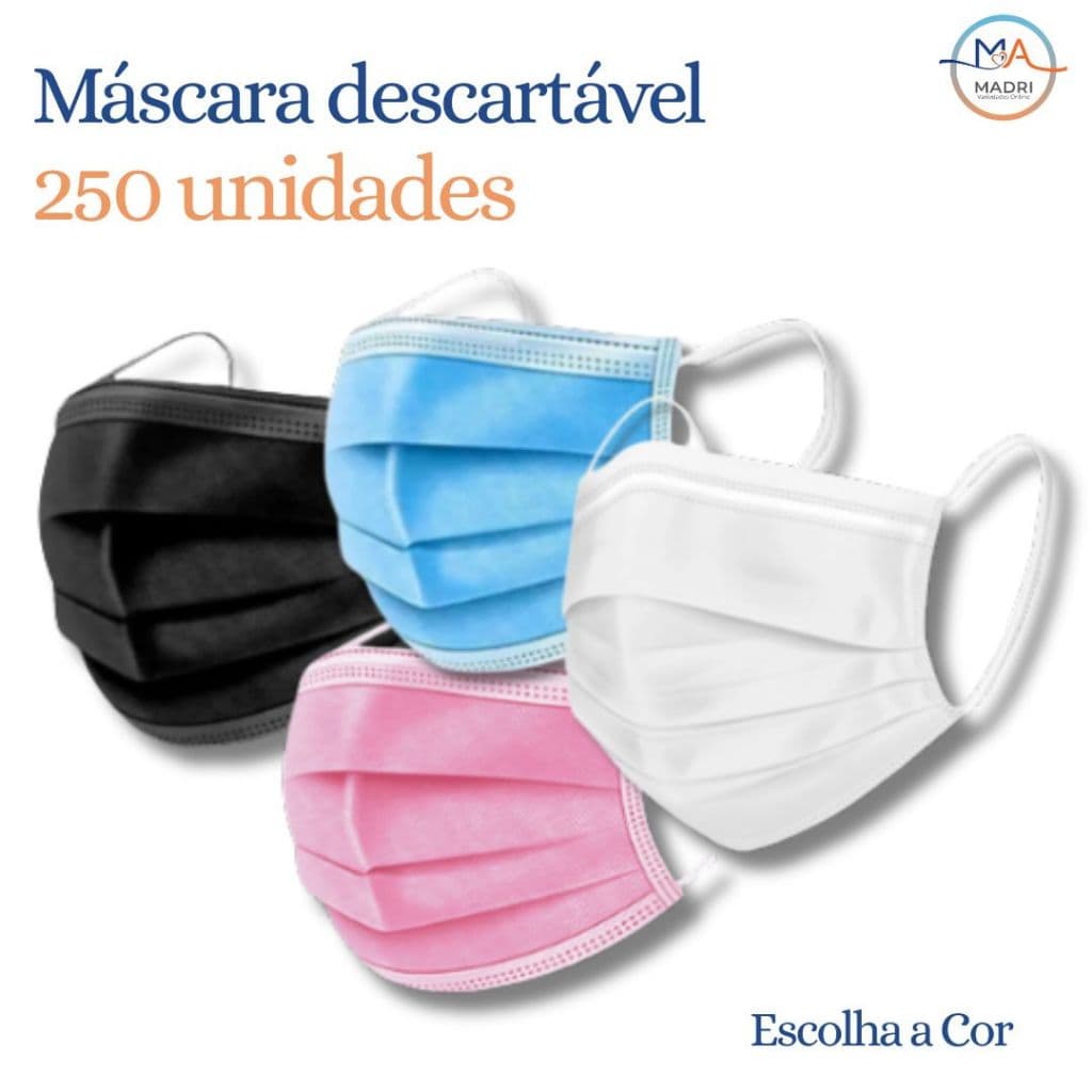 Kit Até 250 Máscara Tripla Camada Com Clipe Nasal Adulto Rosa, Branca, Azul ou Preta