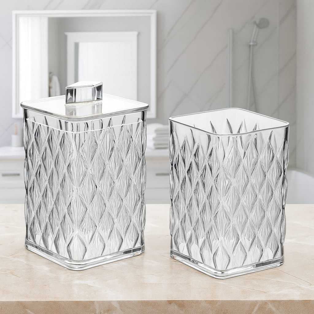 Kit 2 Pecas Banheiro Lavado De Acrilico Porta Cotonetes Algodao E Porta Escova De Dentes Linha Glamour Praticidade