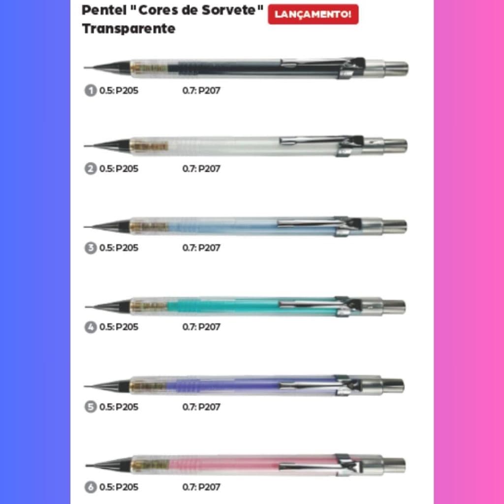 Lapiseira Técnica 0.3 0.5 0.7 0.9 Pentel SORVETE P200 super lançamento P205T e P207T