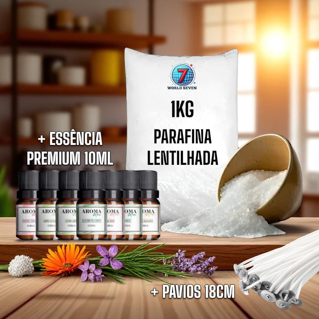 Kit Parafina Lentilhada 1KG + Pavio 18cm + Essência PREMIUM 10ml para Velas Perfumadas e Decorativas