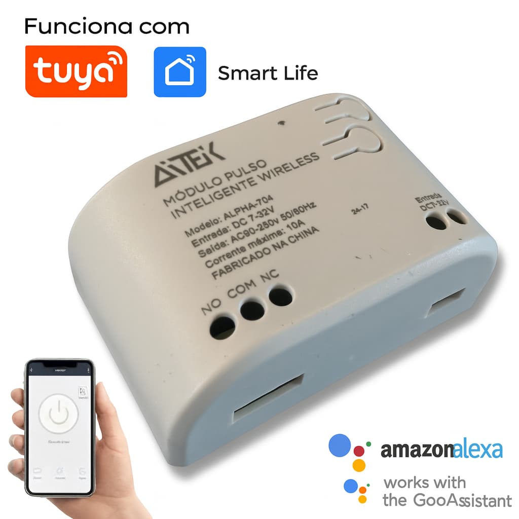 Módulo Rele Wi-Fi Interruptor Inteligente ALPHA-704 Aitek App Tuya Portão Eletrônico Alexa Google