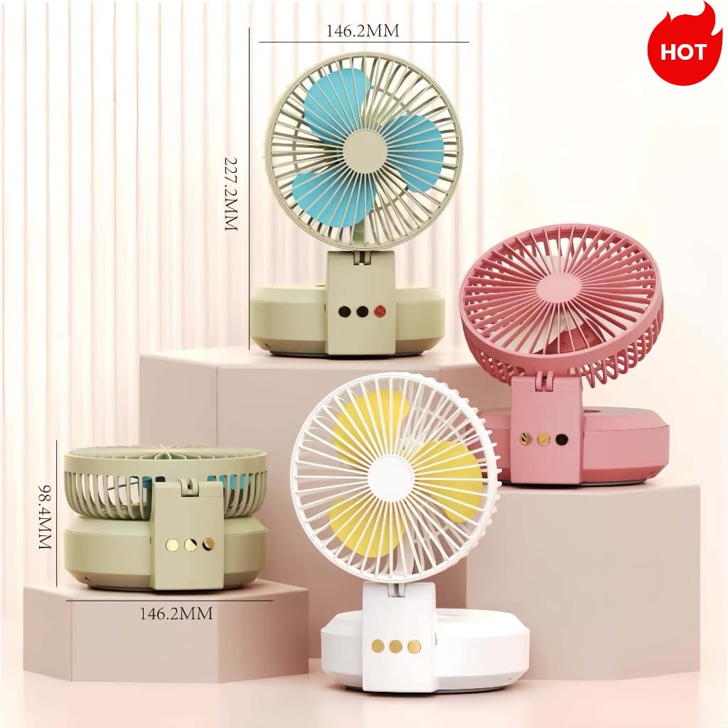 Ventilador Portátil com Oscilação – 3 Velocidades, 2 Níveis de Luz, Recarregável e Dobrável