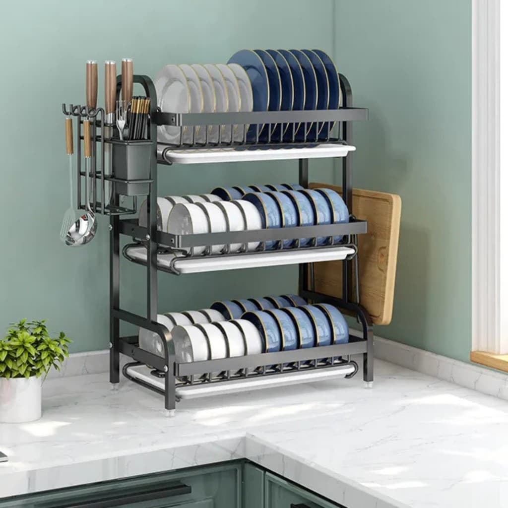 Escorredor De Louças 3 Andar Aço Inoxidável Organizador Moderno Com Porta Talher e Bandeja