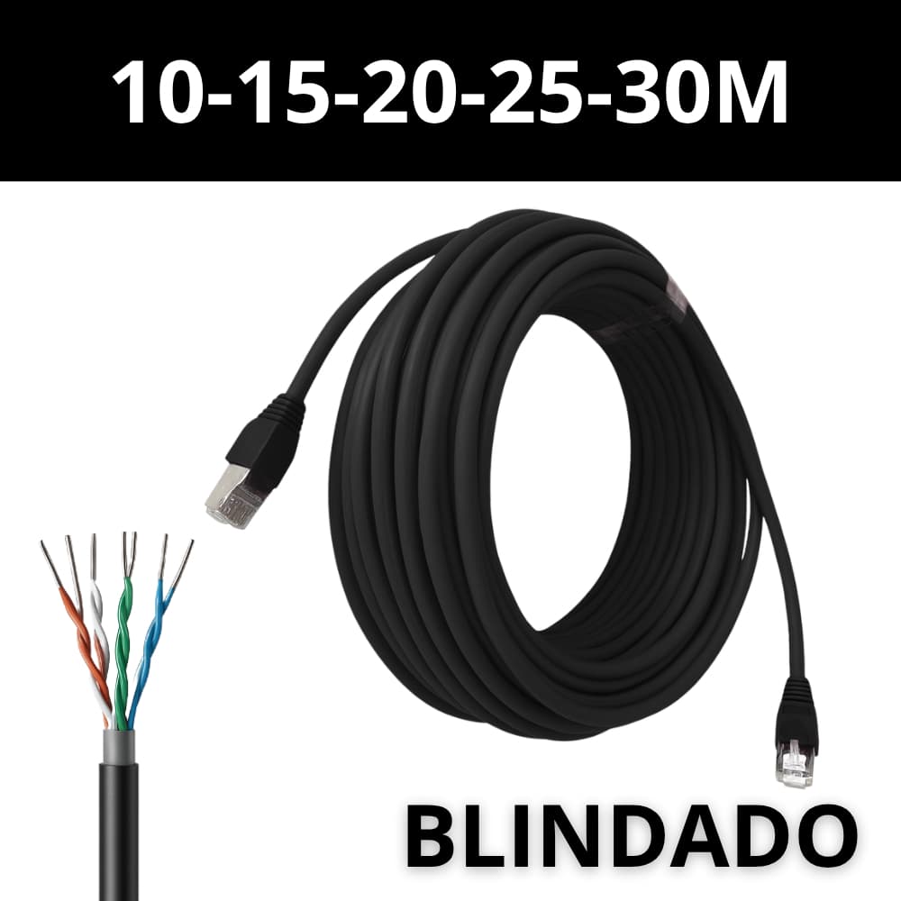 Cabo de Rede Externo Blindado RJ45 Preto – 10/15/20/25/30m Crimpado