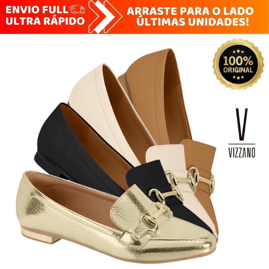 Sapato Mocassim Feminino Vizzano Calce Fácil Bico Fino Napa Oxford