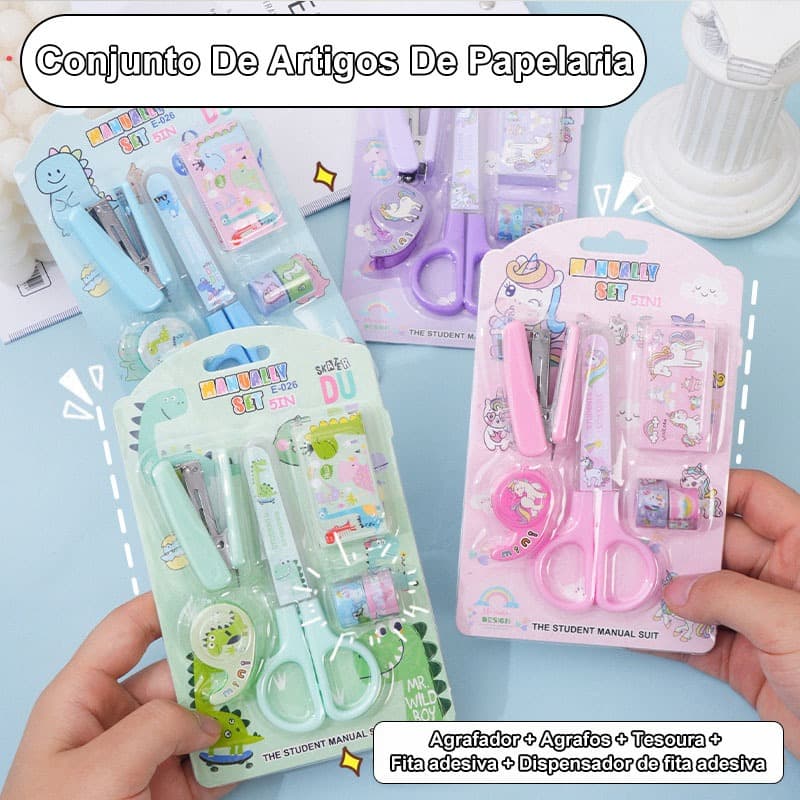 Kit Escolar 5 em 1 Super Conjunto Grampeador Tesoura Fita Presente Seguro Infantil Material Escolar