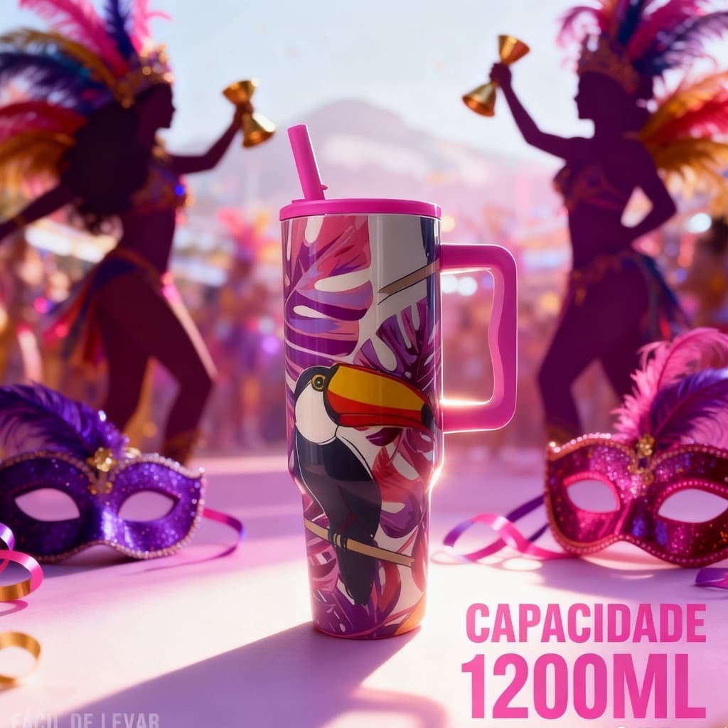 Copo Térmico 1200ml com Alça e Canudo Estampado Fauna Pássaro Tucano Arara Copo Térmico Tropical Fauna
