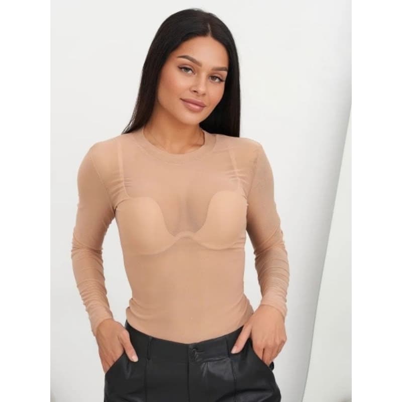 Body Tule Liso Bege | Segunda Pele  Clássica | Manga Longa Transparente |  Conforto & Caimento | P M  G