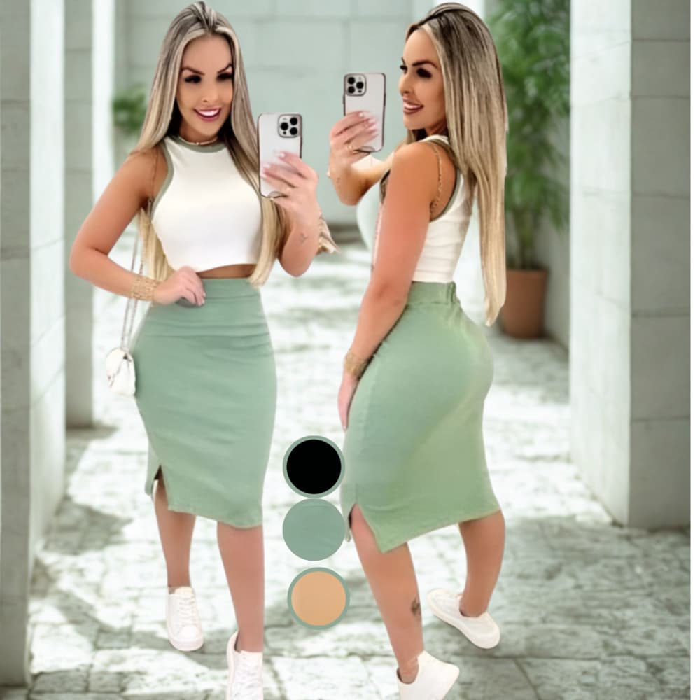 Conjunto Feminino Saia Midi e Cropped Anarruga Zero Transparência Premium Fenda Lateral Moda Gringa