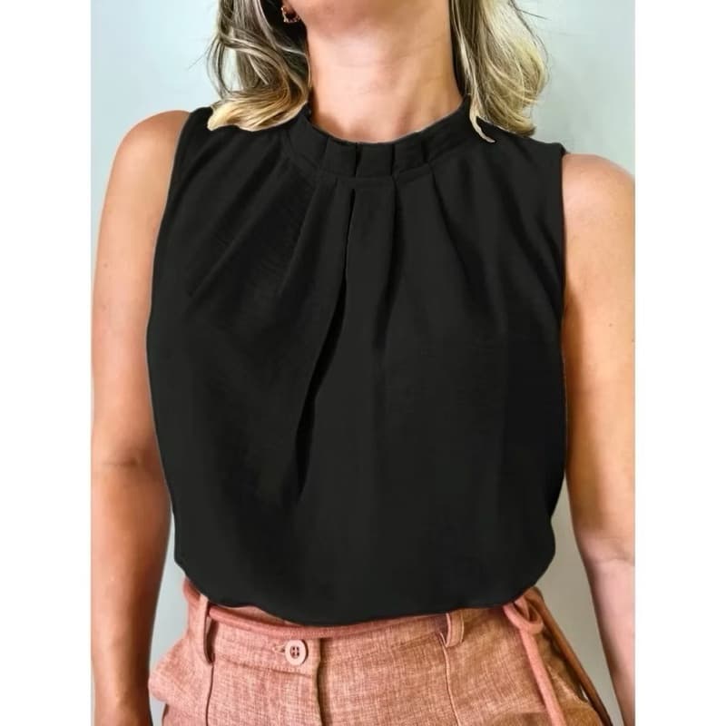 Blusa Feminina Social Regata Gola Alta Com Botão Na Costa