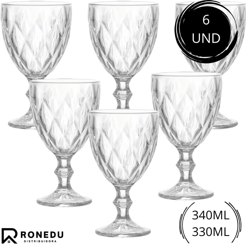 Kit 2,4,6,12 Taças Diamante Vidro Transparente Resistente Gourmet Para Bebidas e Sobremesa 340ML