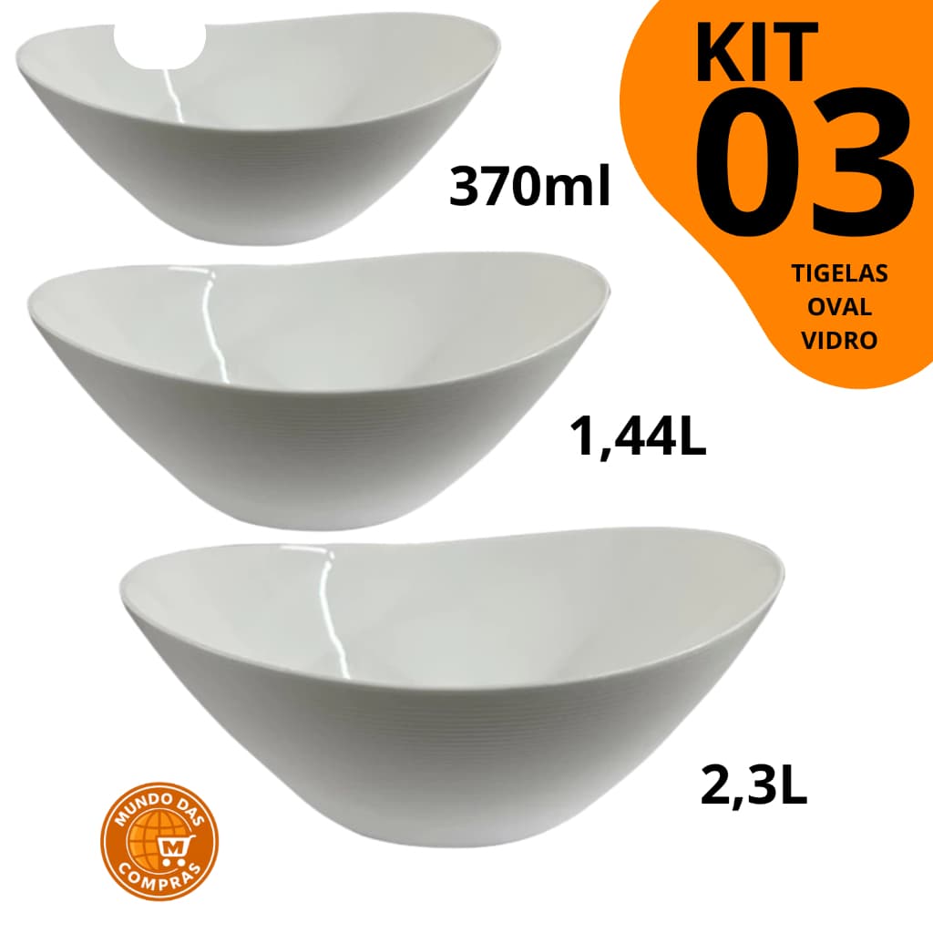 Conjunto Jogo de tigelas 3 peças Travessas Oval em Vidro Temperado opaline kit tigela Branca