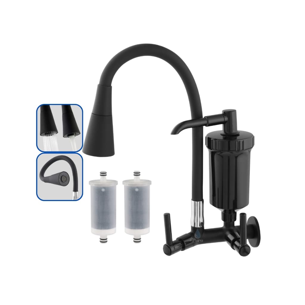 Torneira com Filtro Gourmet Flexível Cozinha Parede Preta All black c/ Ducha 2 Jatos 1/4 de Volta + Refil Copo Filtro