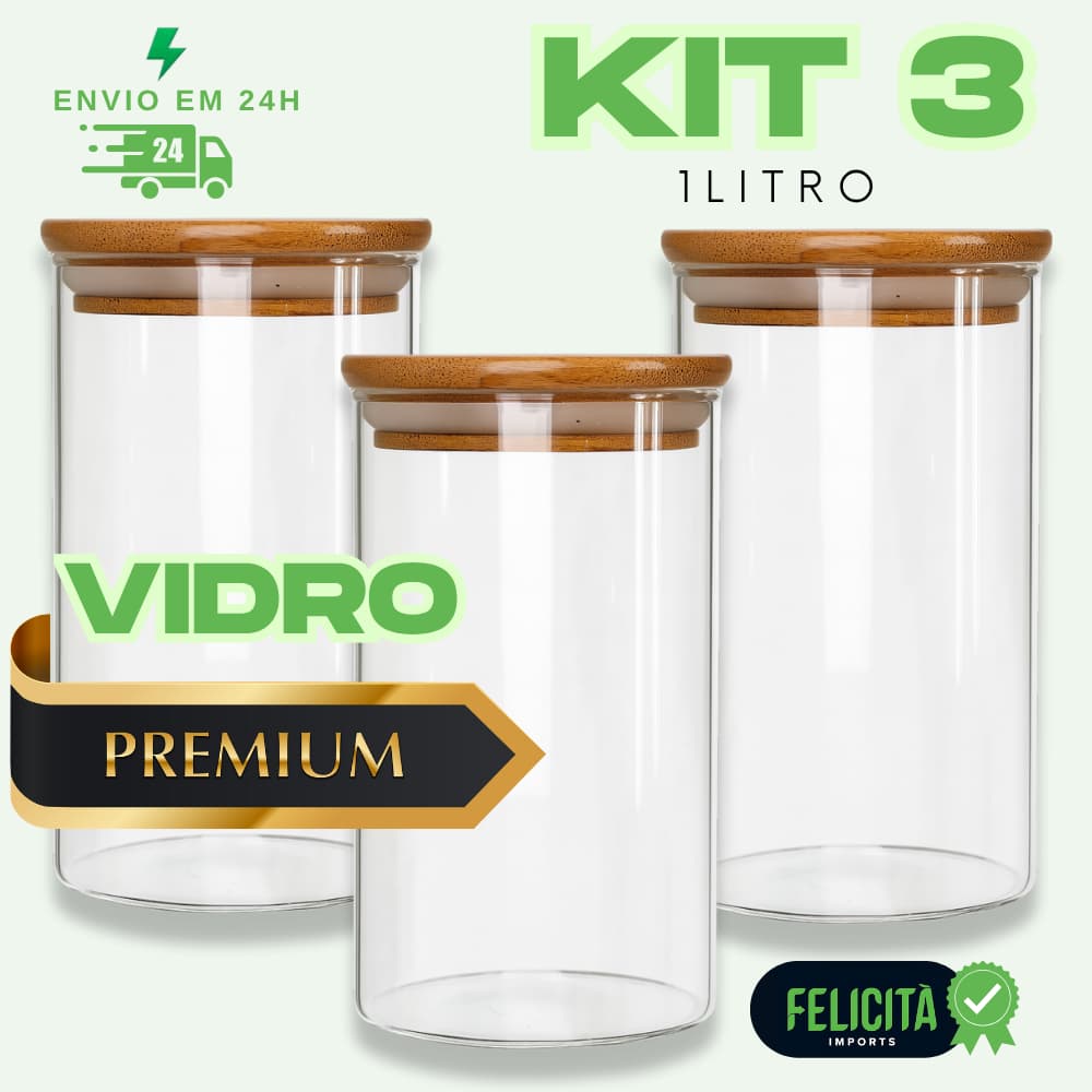 Kit de 3 Potes De Vidro Borossilicato 1 Litro Com Tampa Bambu Hermético Kit 1000ml Alimento