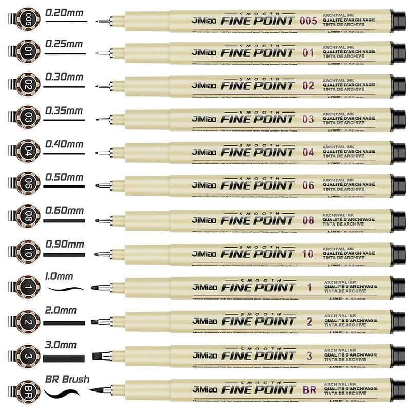 Conjunto de 12 marcadores de manga, canetas agulhas, à prova d'água, desenhadas à mão, pena de gancho, caneta para