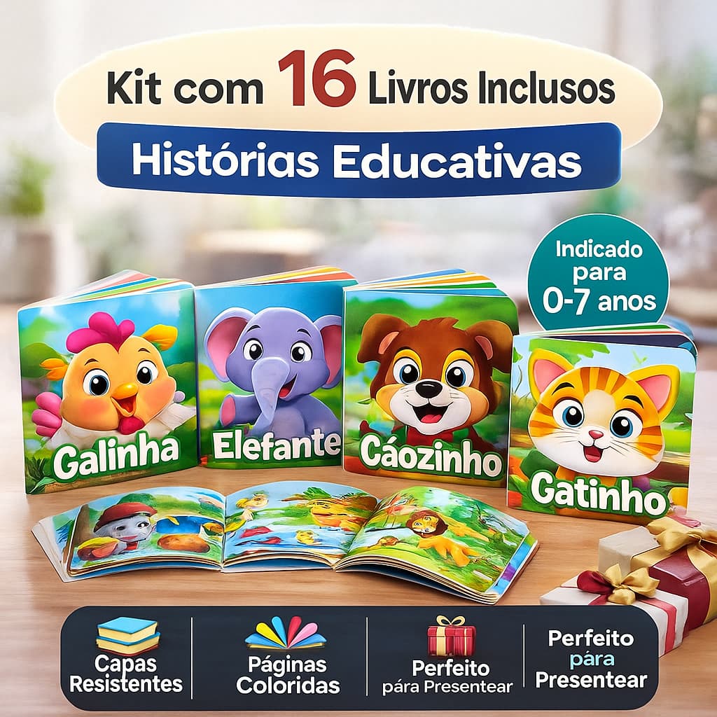 Kit com 16 Livrinhos Infantis – Histórias Educativas • Animais • Presentes • Brincar e Aprender