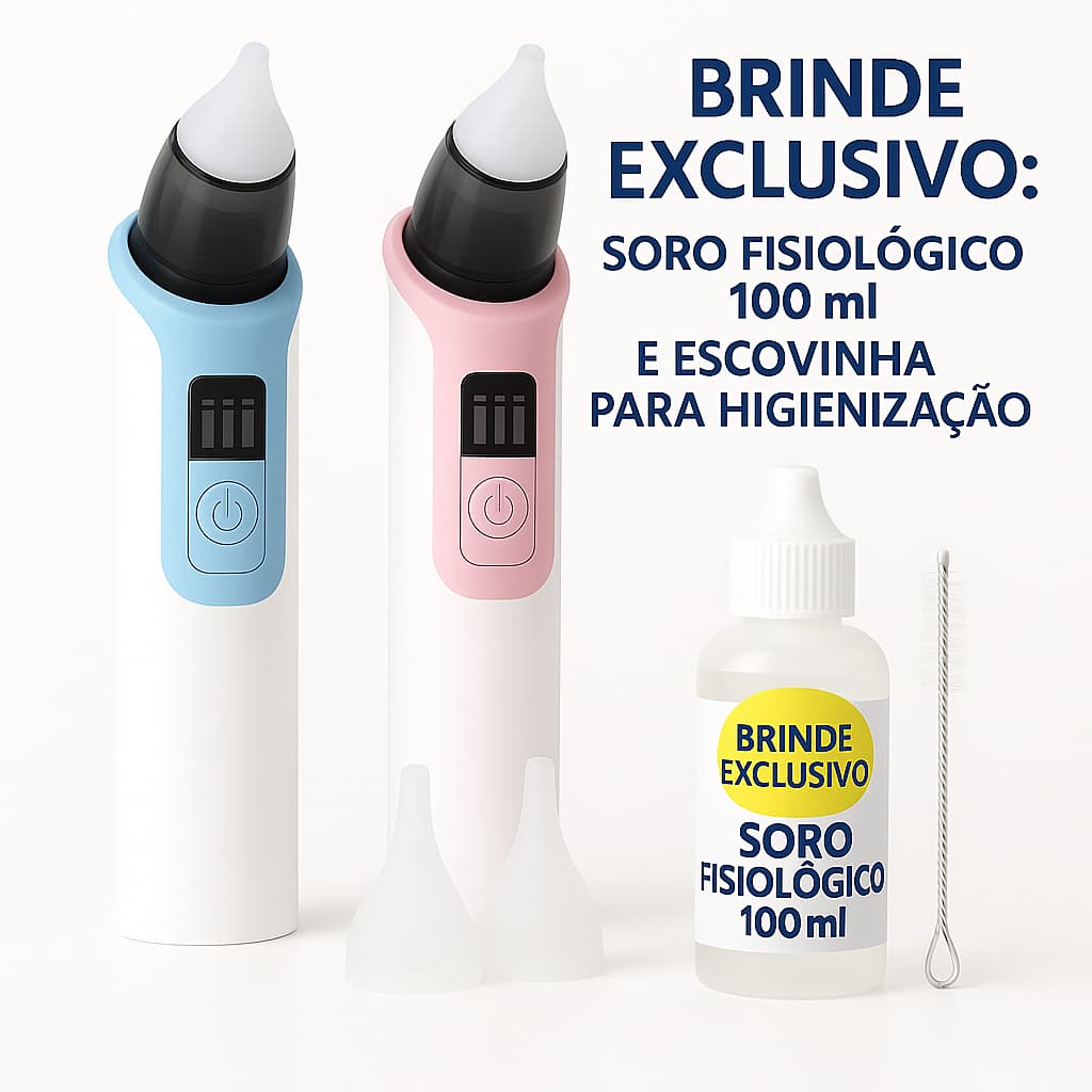 Aspirador Nasal Recarregável para Bebês Crianças Silicone ajustável sucção elétrica + Brindes Soro Fisiológico e Escova