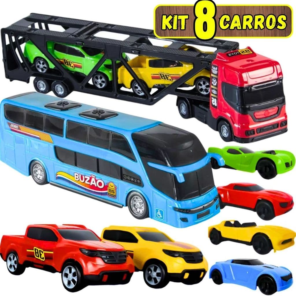 Caminhão Cegonha Brinquedo Carrinhos Ônibus Infantil 8 Peças