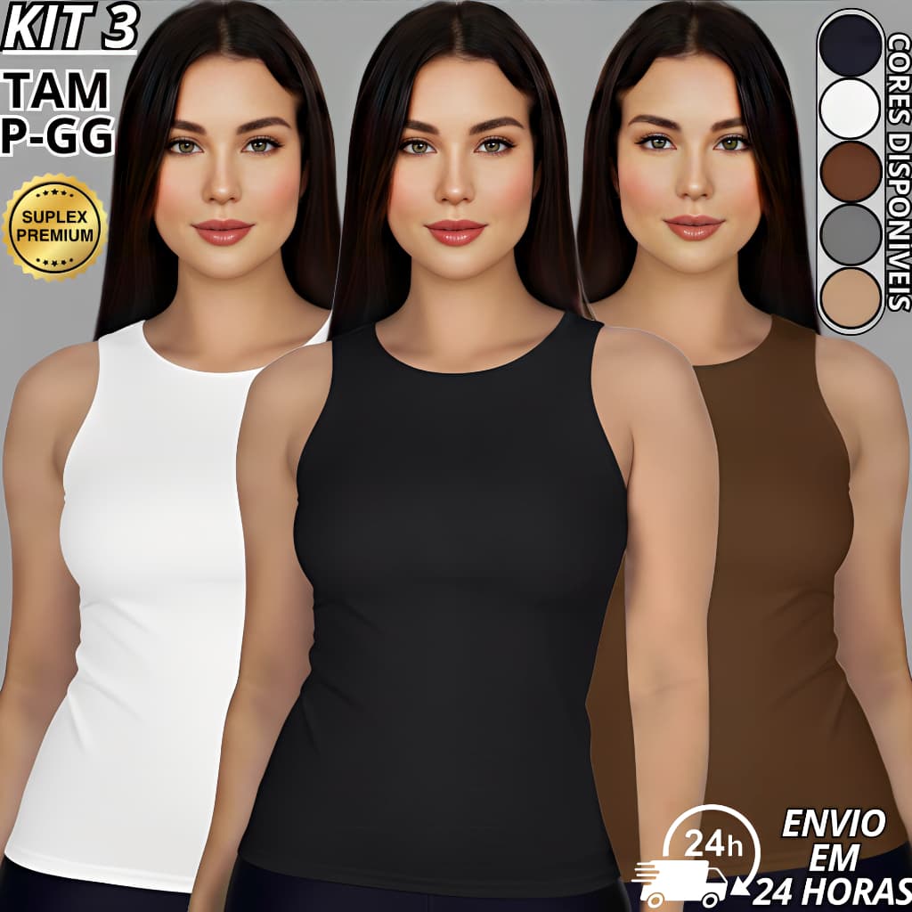 KIT 3 Regata Blusinha Feminina Suplex Premium Forro Duplo Blusa básica P M G GG