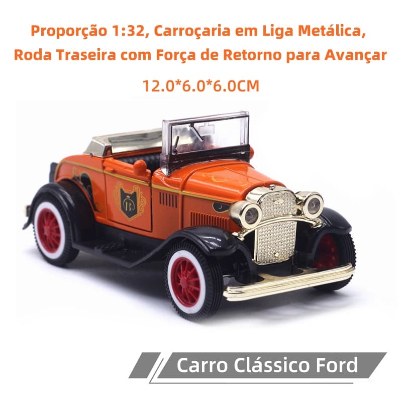 Carro Clássico Ford, Proporção 1:32, Carroçaria em Liga Metálica, Roda Traseira com Força de Retorno para Avançar