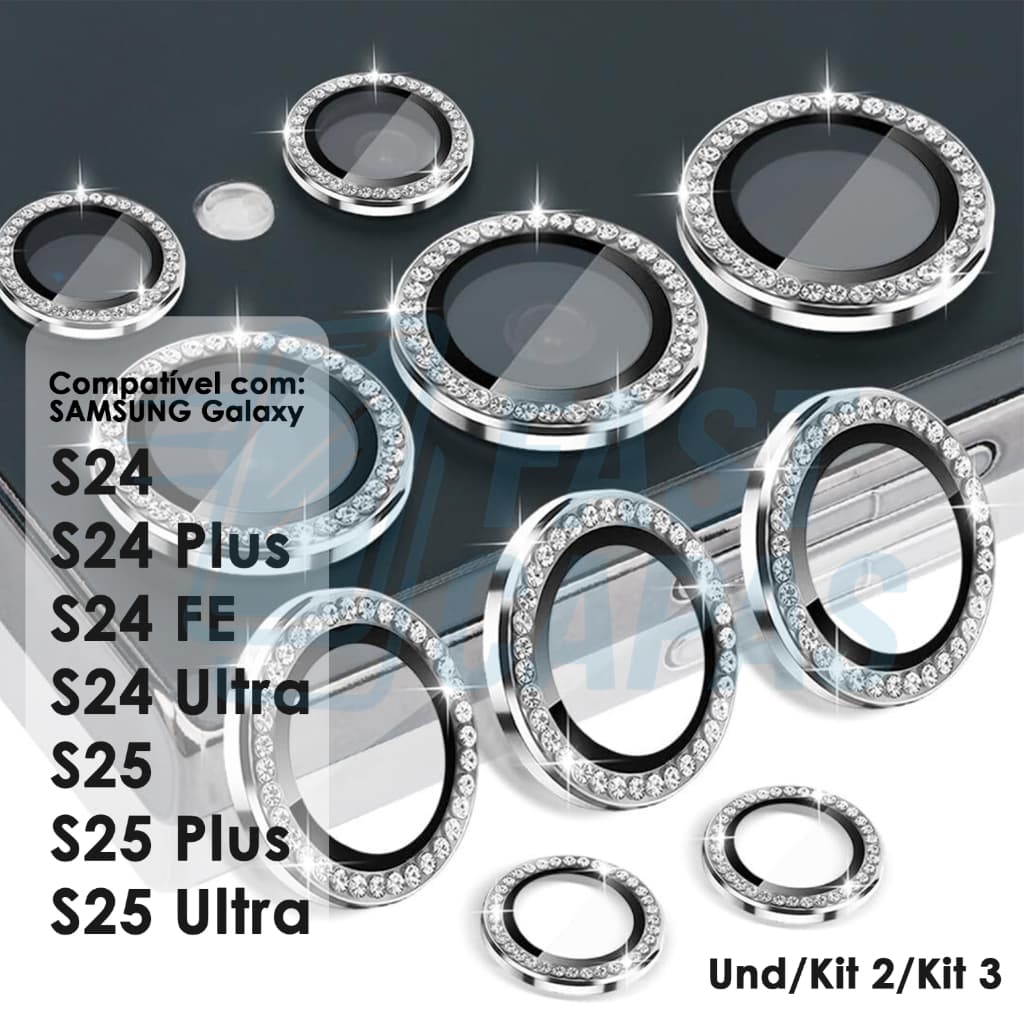 KIT CÂMERA DIAMANTE STRASS PARA GALAXY S24 S25 PLUS FE ULTRA GLITTER BRILHO PROTEÇÃO ANEL PELICULA