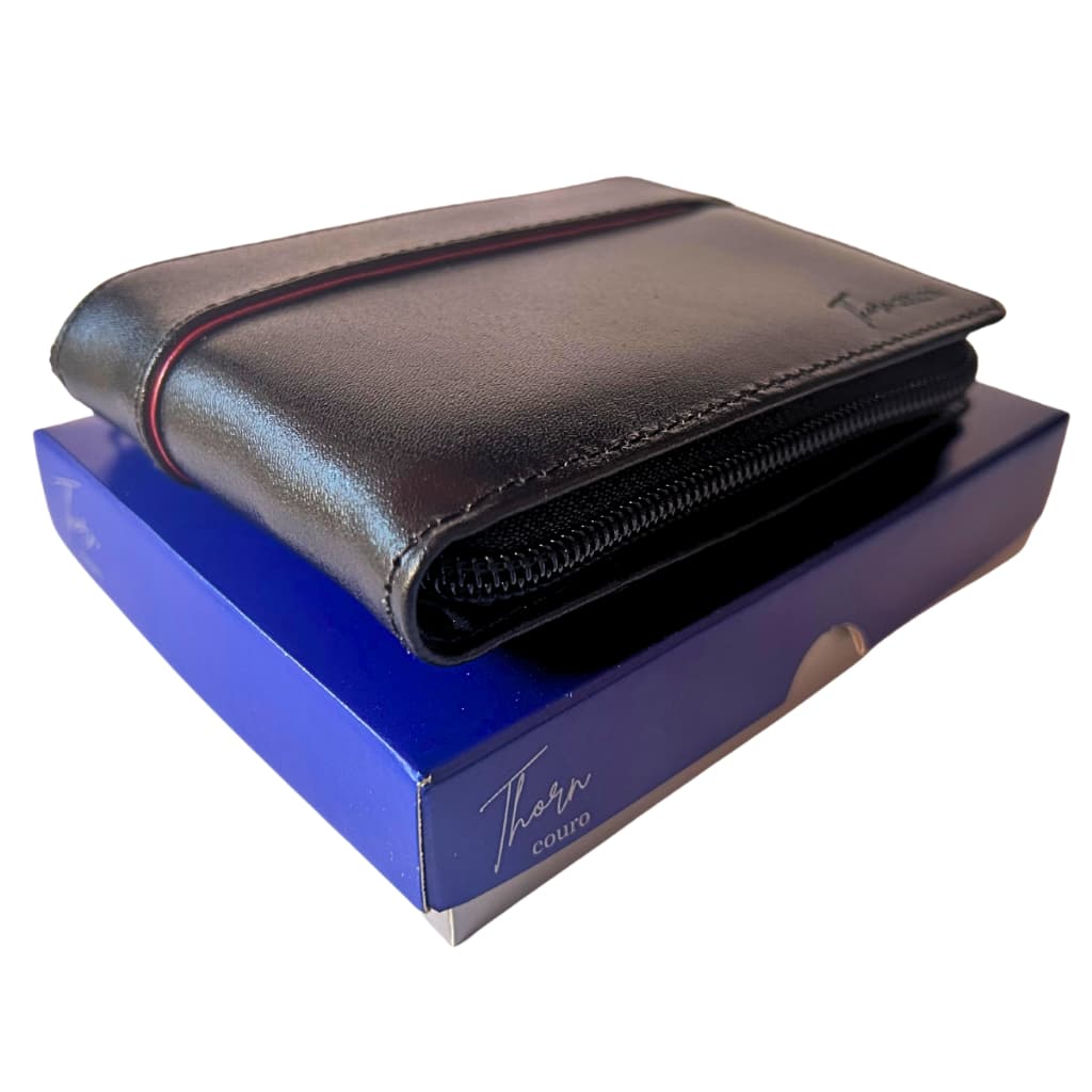 Carteira de couro modelo ziper no fecho pratica macia organizador de notas documentos slim cnh rg