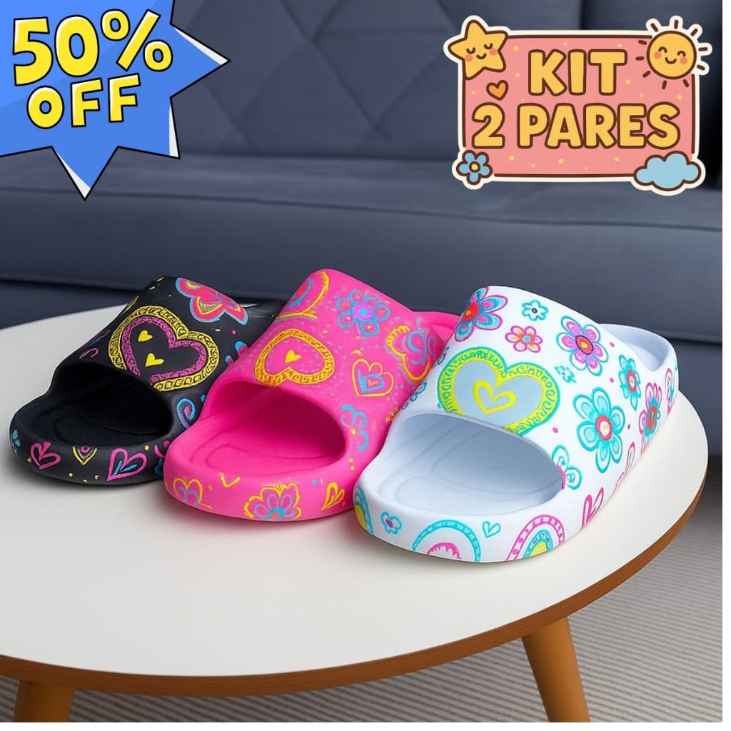 Kit 2 Pares Chinelo Slide Infantil Coração Nuvem Macio Confortável Menina Lançamento Estiloso Moda