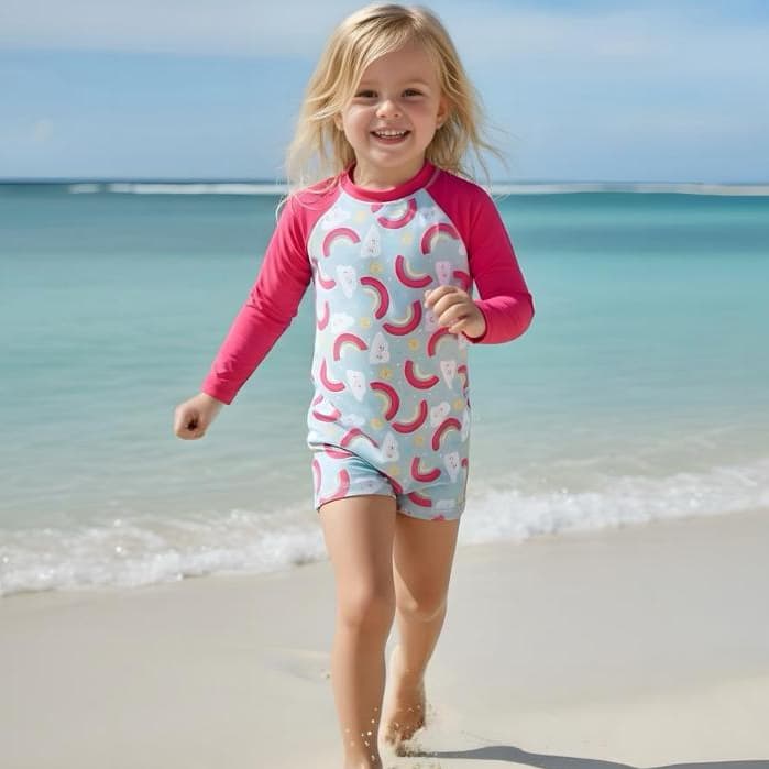 Macaquinho Moda Praia Menina Macacão de Banho Feminino Comportado Praia Natação Piscina Manga Uv