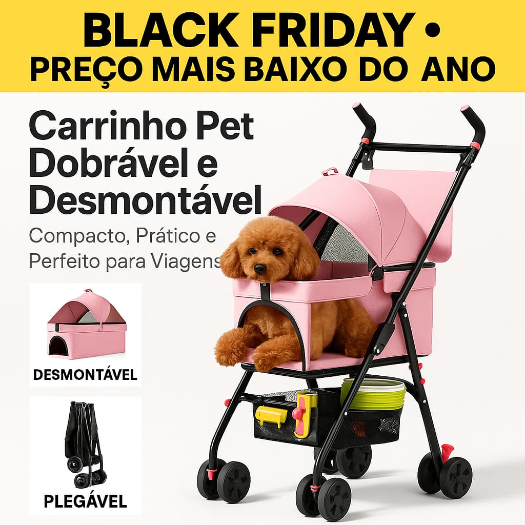 Carrinho Pet Dobrável – Leve, Portátil e Seguro p/ Cães e Gatos em Passeios