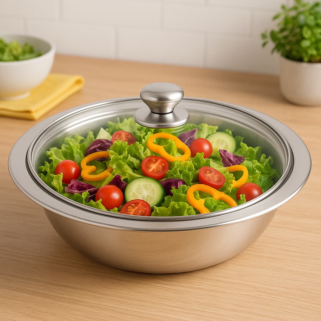Saladeira Inox Tigela Aço Funda Multiuso Redonda Confeitaria Bowls Vasilha Com Tampa de Vidro