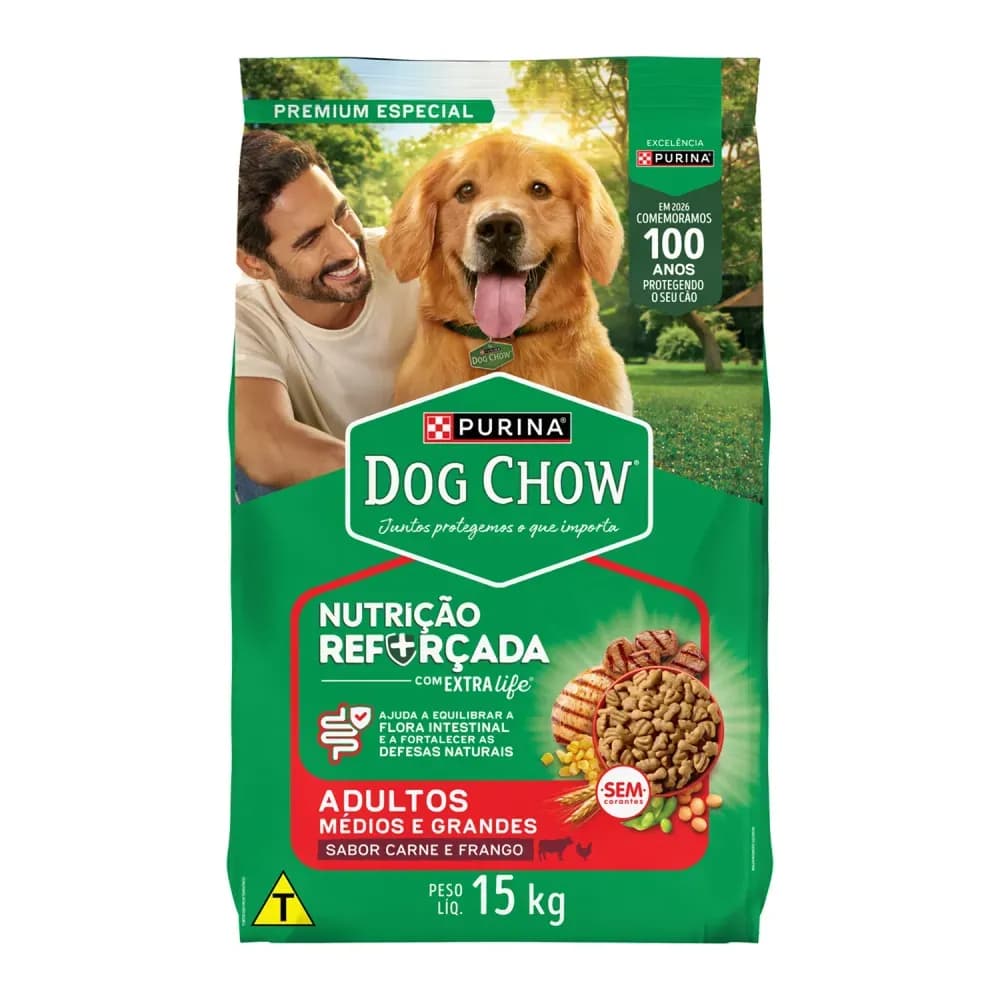 Dog Chow Extralife Ração Cães Adultos Médios e Grandes Carne, Frango  - 15 kg