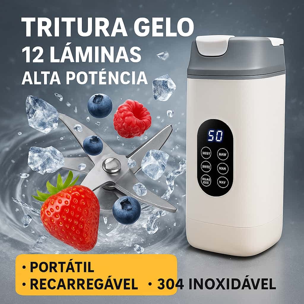 Liquidificador Portátil 12 Lâminas Recarregável  Alta Potência, Tritura Gelo e Frutas